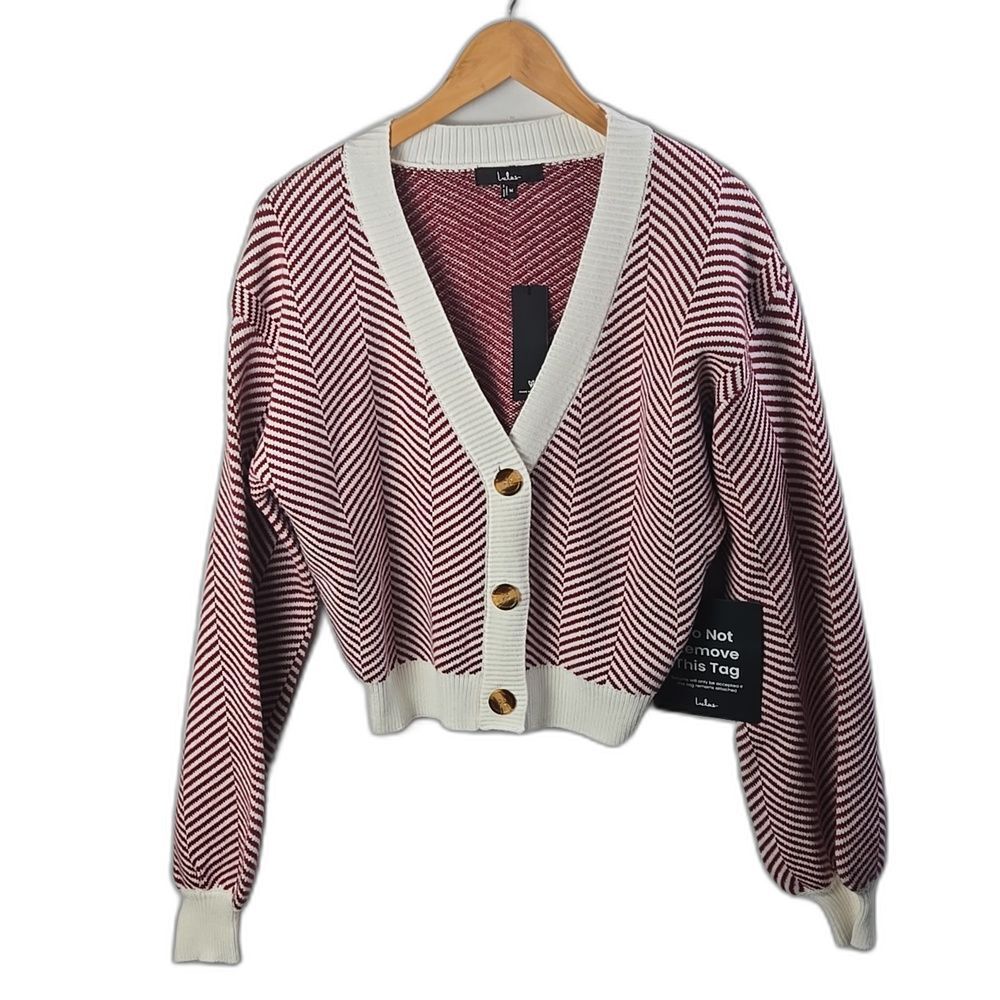 Lulu's Here Comes a Holiday Red and White Striped Button-Up Cardigan Sz M - NWT